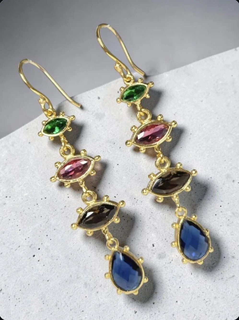Beautiful 18k Gold Plated Artisan Quartz Crystal Studded Dangle Earrings